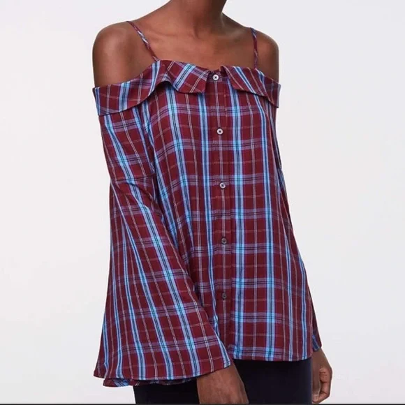 NWT Loft Cold Shoulder Plaid Top Size XL 🌸 - Picture 3 of 6